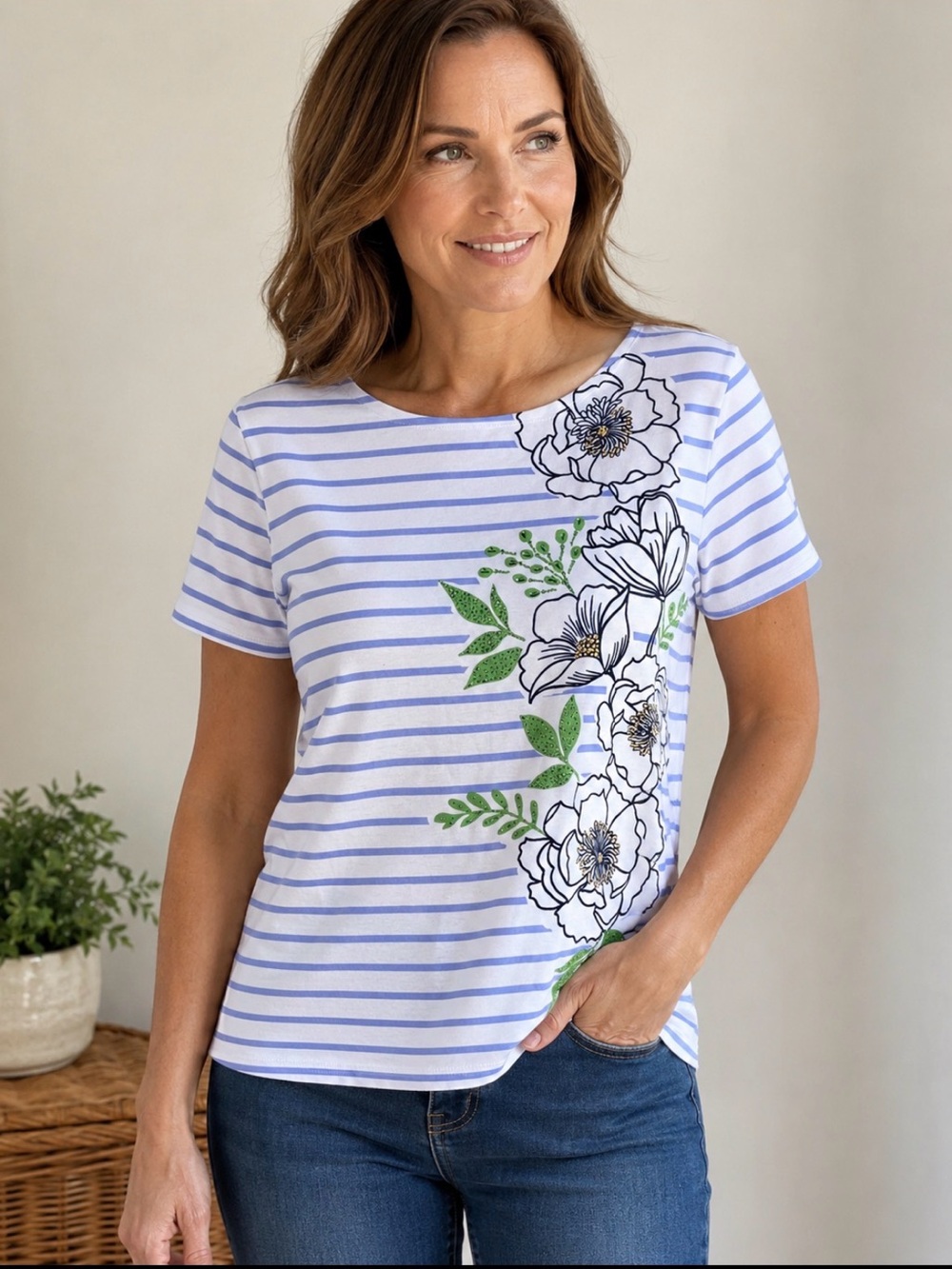 Karen Scott White and Light Blue Striped Floral Short Sleeve Top Size Large